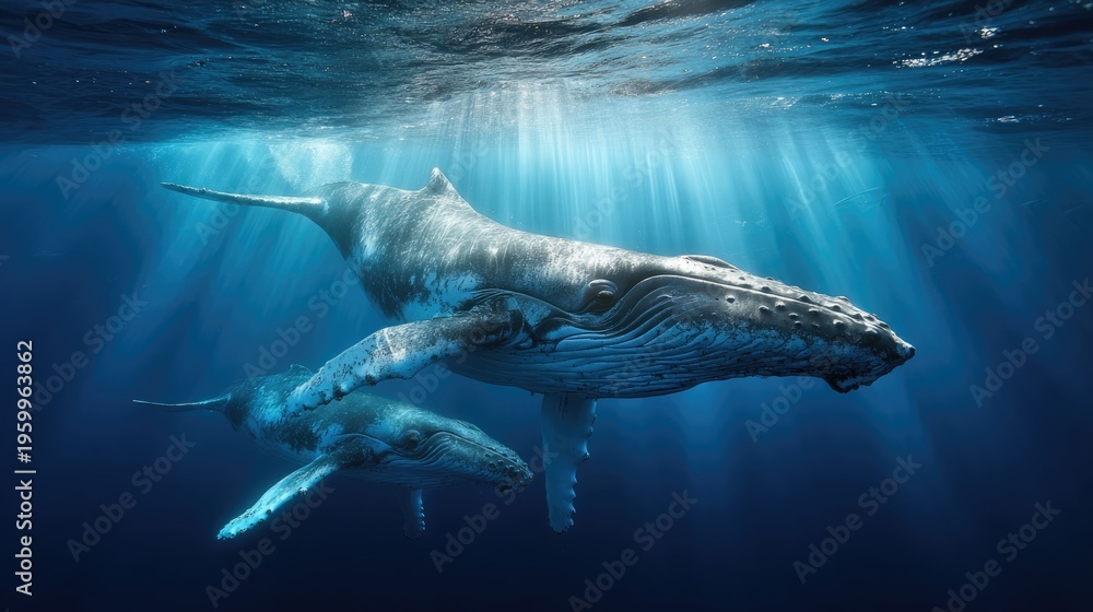 Fototapeta premium humpback whale and calf swimming underwater with sunbeams