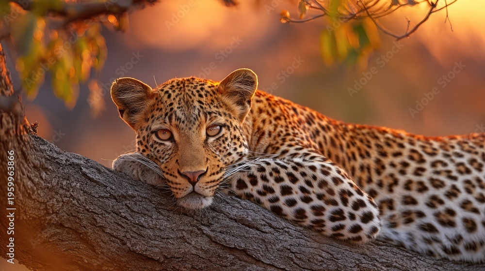 Fototapeta premium leopard resting on tree branch at sunset