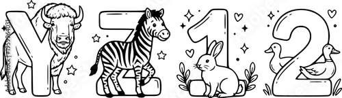 Black and white vector art with animal themed letters y z and numbers one two featuring bison zebra rabbit and duck line drawing style