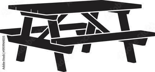 Black silhouette of outdoor picnic table with benches attached