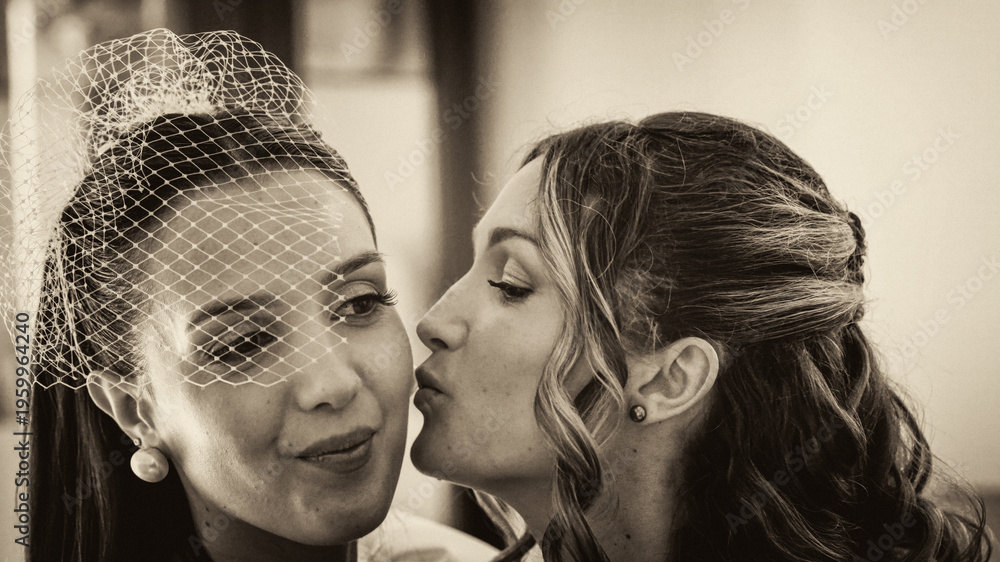 Fototapeta premium Bride sharing a heartfelt moment talking with her sister before the wedding ceremony