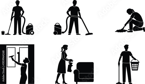 Cleaning service silhouettes set with vacuuming mopping window cleaning and housekeeping tasks, domestic work concept, sanitation hygiene, professional cleaners, home maintenance activities collection