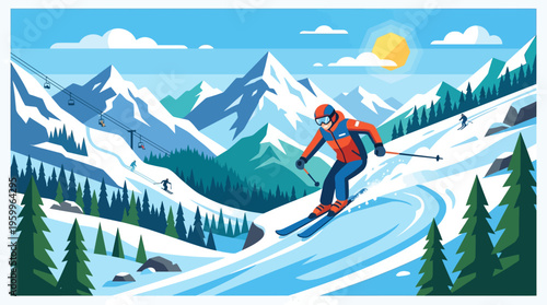 Skiier Carving Down a Snowy Mountain Slope