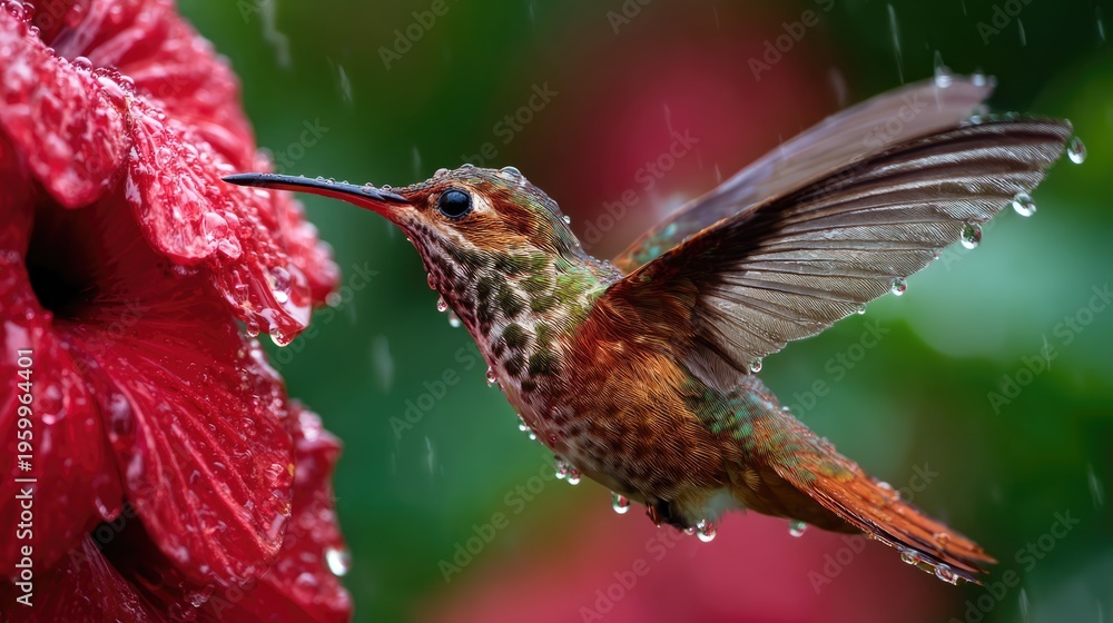 Obraz premium Hummingbird feeding on red flowers in vibrant garden close-up