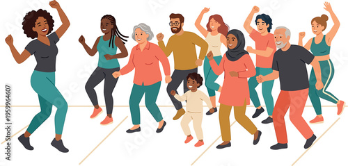 Diverse group of people dancing isolated on transparent background