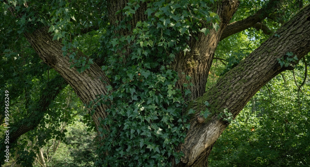 Fototapeta premium Robust tree enveloped by vigorous ivy leaves in gentle daylight