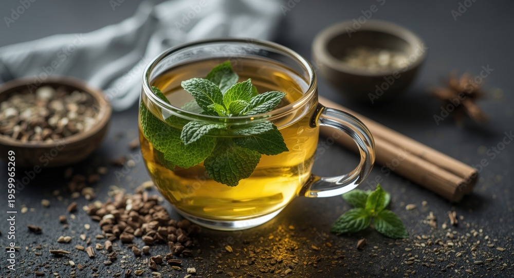 Fototapeta premium Preparation of mint herbal tea focused on enhancing relaxation
