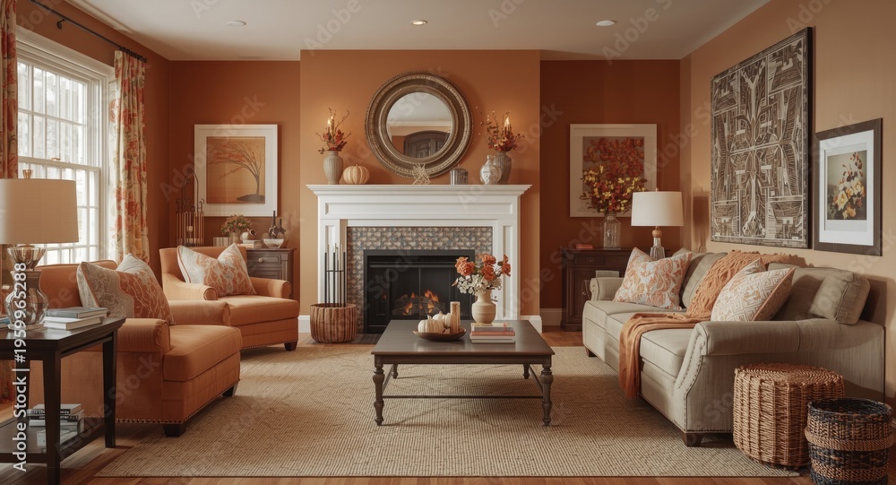 Obraz premium Cozy living room interior decorated with warm autumn colors and seasonal accents