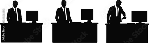 Businessman silhouette working at office desk, corporate professional checking time and computer, workplace routine concept, productivity and deadline pressure isolated on white background
