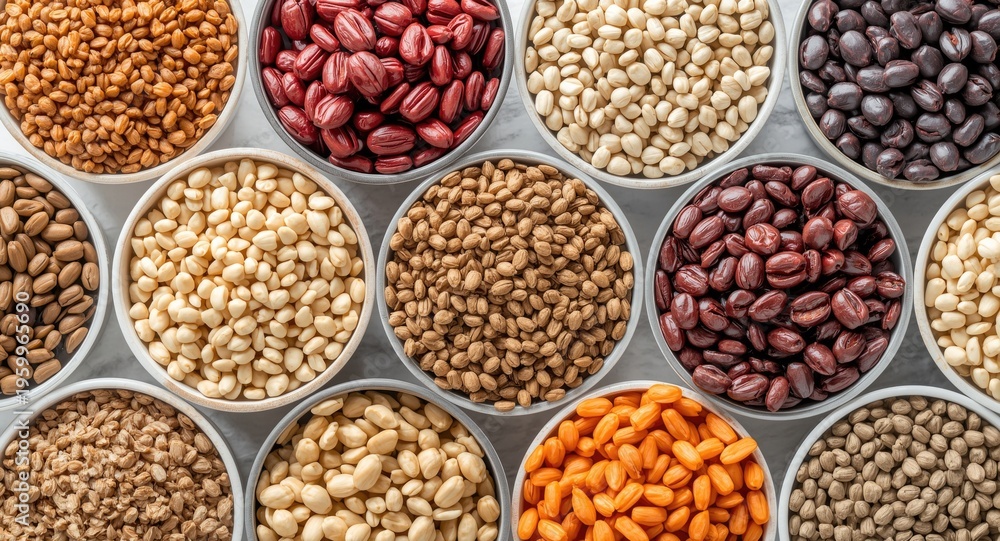 Fototapeta premium Selection of uncooked grains and legumes arranged in cups for healthy eating concept