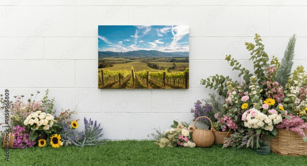 Obraz premium Floral accents alongside rural landscape photo on white wall expressing vineyard setting