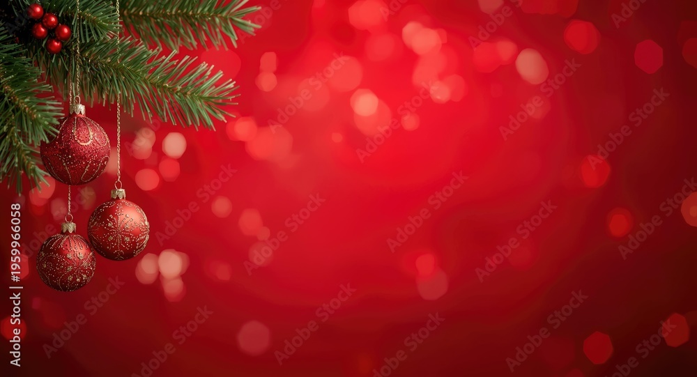 Fototapeta premium Holiday baubles on a smooth red blurred backdrop featuring copy space