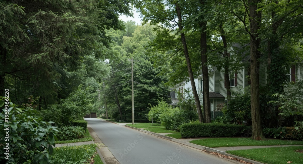 Obraz premium peaceful housing district featuring thick greenery and restful setting