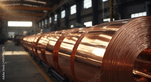 Metal workshop scene showing orderly stacks of smooth, reflective copper foil coils