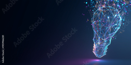 Lightbulb made of glowing digital lines and interconnected nodes on a dark blue background with space for text. Innovation, creative ideas, artificial intelligence, data networks