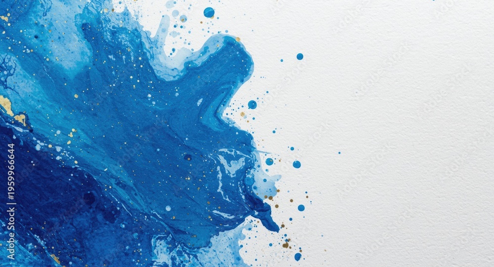 Obraz premium Blue acrylic paint splashes rendered in watercolor style with added gold sparkle details on white canvas