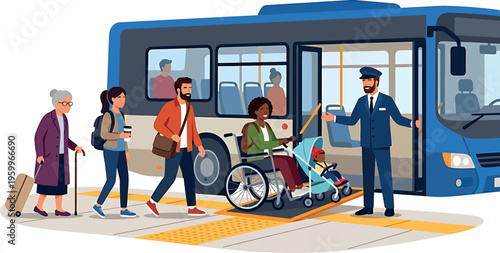 Accessible bus stop scene with people boarding a blue bus isolated on transparent background