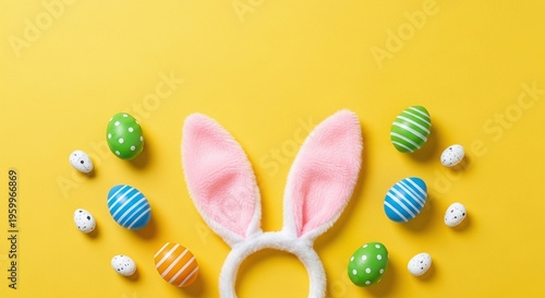 A festive Easter scene featuring colorful eggs and bunny ears on a bright yellow background