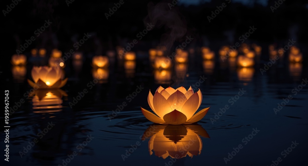 Obraz premium Shining lotus lanterns gliding on night river for traditional Buddha birthday event