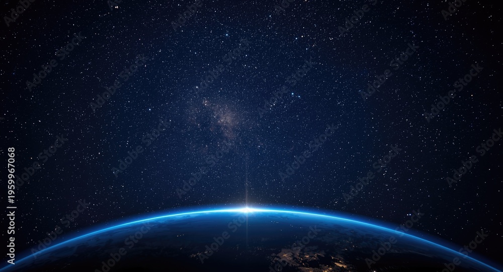 Obraz premium Serene cosmic night scene showing glowing stars and planet Earth below