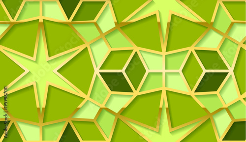 Green and gold islamic geometric star pattern background with 3d layered arabesque shapes
