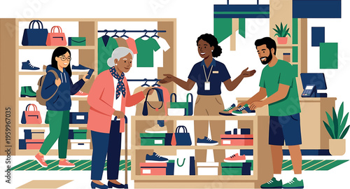 Four people interacting in a clothing store isolated on transparent background