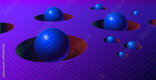 Retro-futuristic 80s grid landscape with geometric spheres in polygonal holes, vintage synthwave and science fiction art