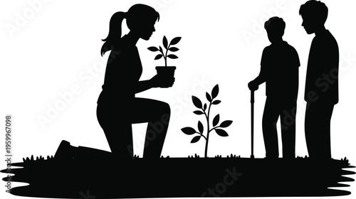 Silhouette of woman planting tree with children observing, environmental education, gardening activity and nature care concept, eco friendly lifestyle isolated on white background