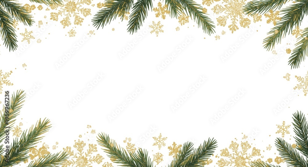 Obraz premium Seasonal Vertical Frame with Gold Ornamentation Pine Branches and Snowflake Details including Copy Space for Wishes