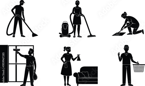 Cleaning service silhouettes set with vacuuming window washing mopping and housekeeping tasks, domestic work concept, sanitation hygiene, professional cleaners, home maintenance activities