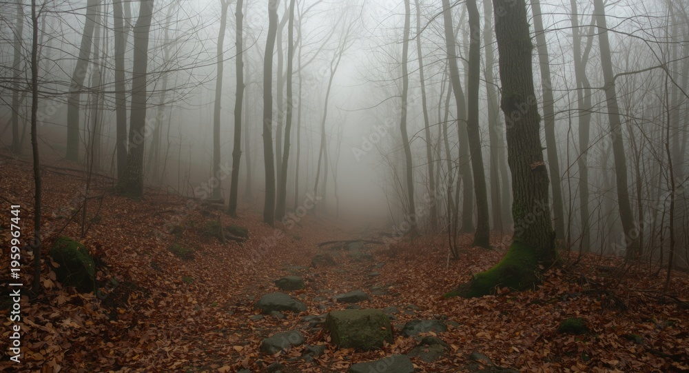 Obraz premium Peaceful forest trail blanketed by fog featuring stones and fallen leaves in a remote natural location