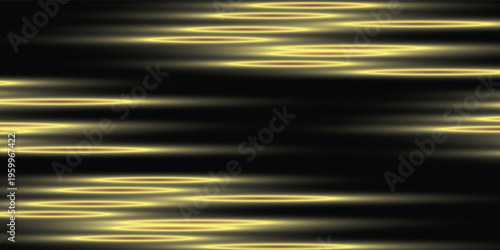 Bright yellow light trail element. Glowing neon speed line waves. Hot golden luminous curved path concept. Abstract bent dynamic motion stripes. Shiny gold streaks for poster, banner, flyer. Vector