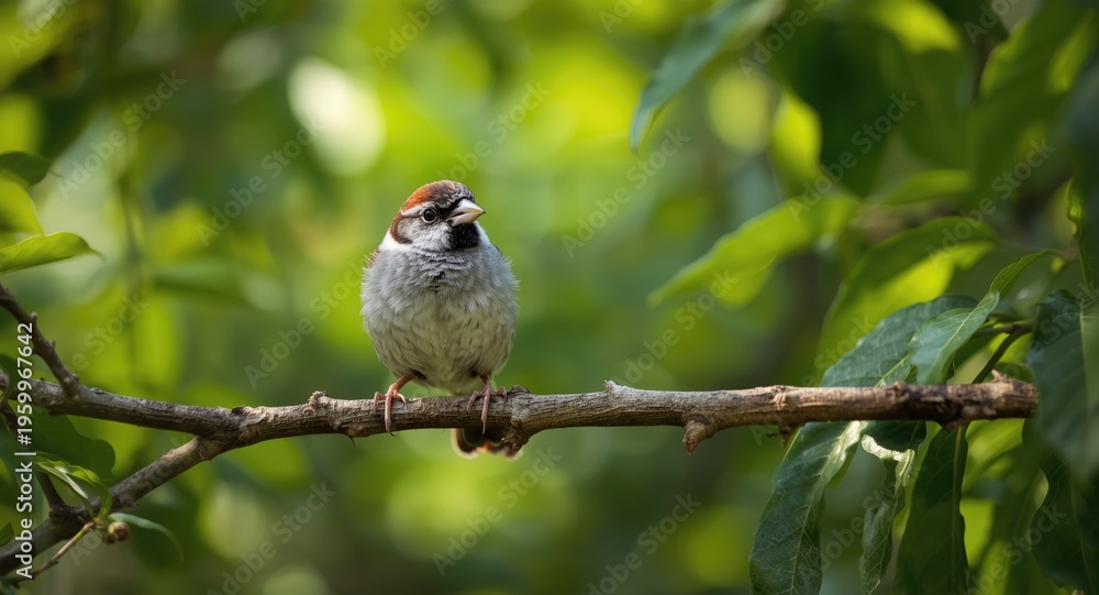 Fototapeta premium Cheery pet sparrow enjoying peaceful moment on lush green tree branch