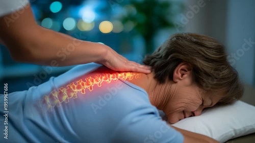 Close mid-range view of a chiropractic therapy session, mature female patient prone on the table, semi-transparent red cervical spine overlay demonstrating treatment focus, clean c