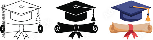 Graduation cap and diploma icon set for university and college education