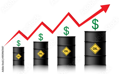 The price of oil is rising. Barrels of oil, dollar and infographics with a red up arrow. Rising crude oil prices concept, vector illustration isolated on white background