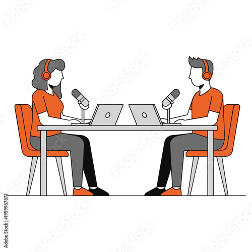 Two people podcasting using laptops and microphones. male and female outline illustration