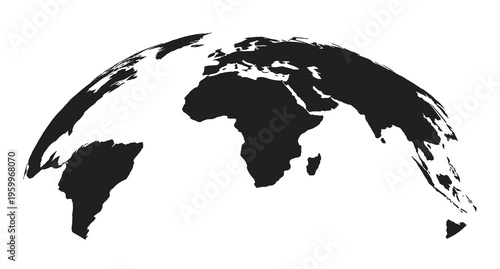 Black silhouette of a map projected onto a curved spherical surface isolated on a white background showing continents including africa europe and south america