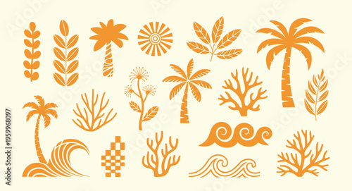 Collection of orange tropical featuring palm trees coral reefs ocean waves sun and various leaf shapes on a light cream background