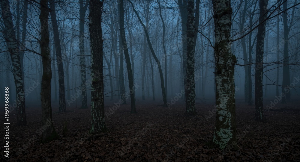 Fototapeta premium Eerie nighttime woodland scene with cold fog swirling among beech tree trunks