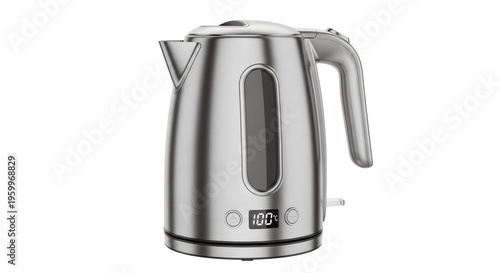 Premium stainless steel electric kettle with digital temperature display photographed at 45-degree side angle isolated on pure white background