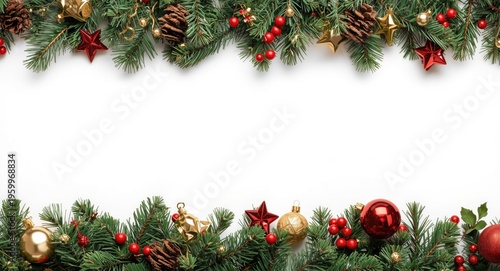 Festive Christmas decoration border isolated on white background with copy space