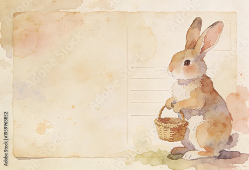 Vintage watercolor rabbit with basket on aged postcard background for easter greeting card or stationery design