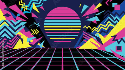 Vibrant neon colored tunnel with grid floor isolated on transparent background