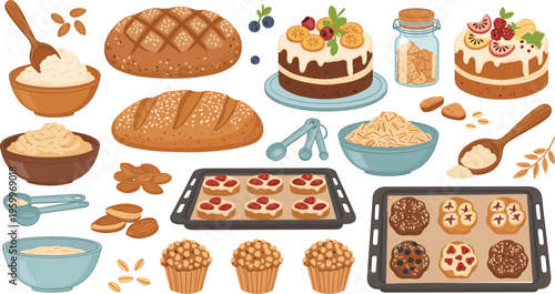 Bakery and homemade dessert vector set with bread, cakes, cookies and baking ingredients, delicious food collection isolated on white background illustration
