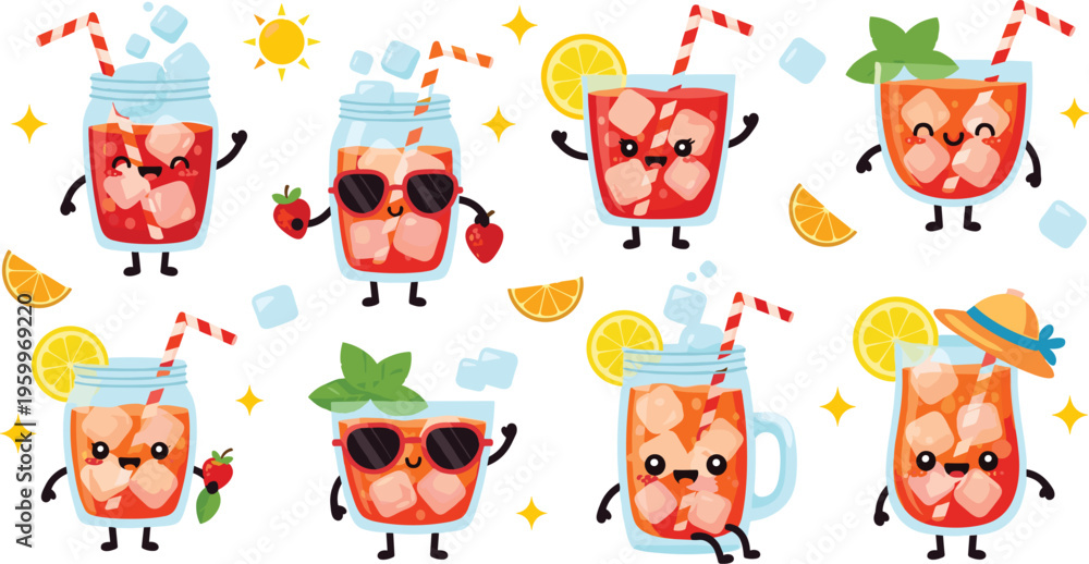 Obraz premium Cute lemonade character vector set with funny juice glasses, citrus drinks and summer cartoon mascots isolated on white background illustration