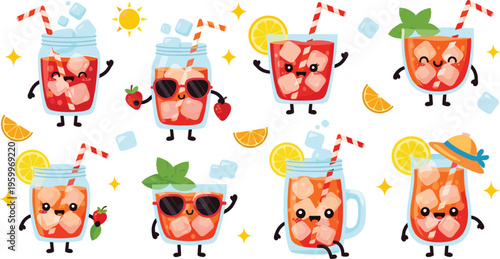 Cute lemonade character vector set with funny juice glasses, citrus drinks and summer cartoon mascots isolated on white background illustration