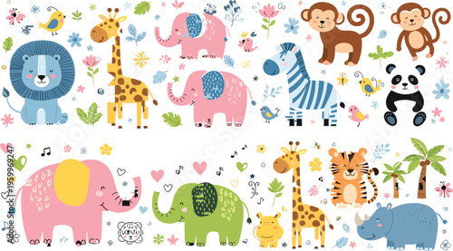 Cute safari animals vector set with lion, elephant, giraffe, monkey and panda, colorful jungle cartoon collection isolated on white background illustration