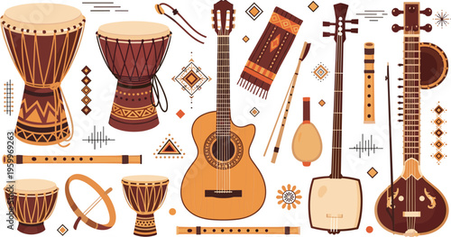 Ethnic musical instruments vector set with drums, guitar, flute and traditional folk elements, cultural music collection isolated on white background illustration