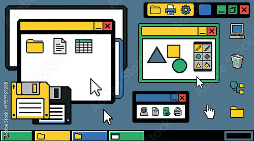 A colorful illustration of computer screens and software tools isolated on transparent background